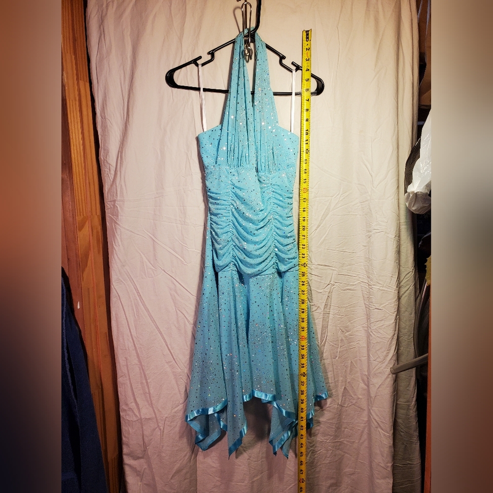 Taboo Blue Asymmetrical Ruched Halter Dress